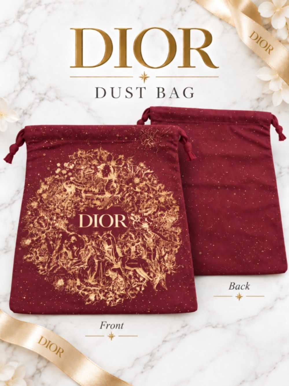 Dior Red Drawstring Dust Bag with Gold Constellation Print LIMITED EDITION NIP